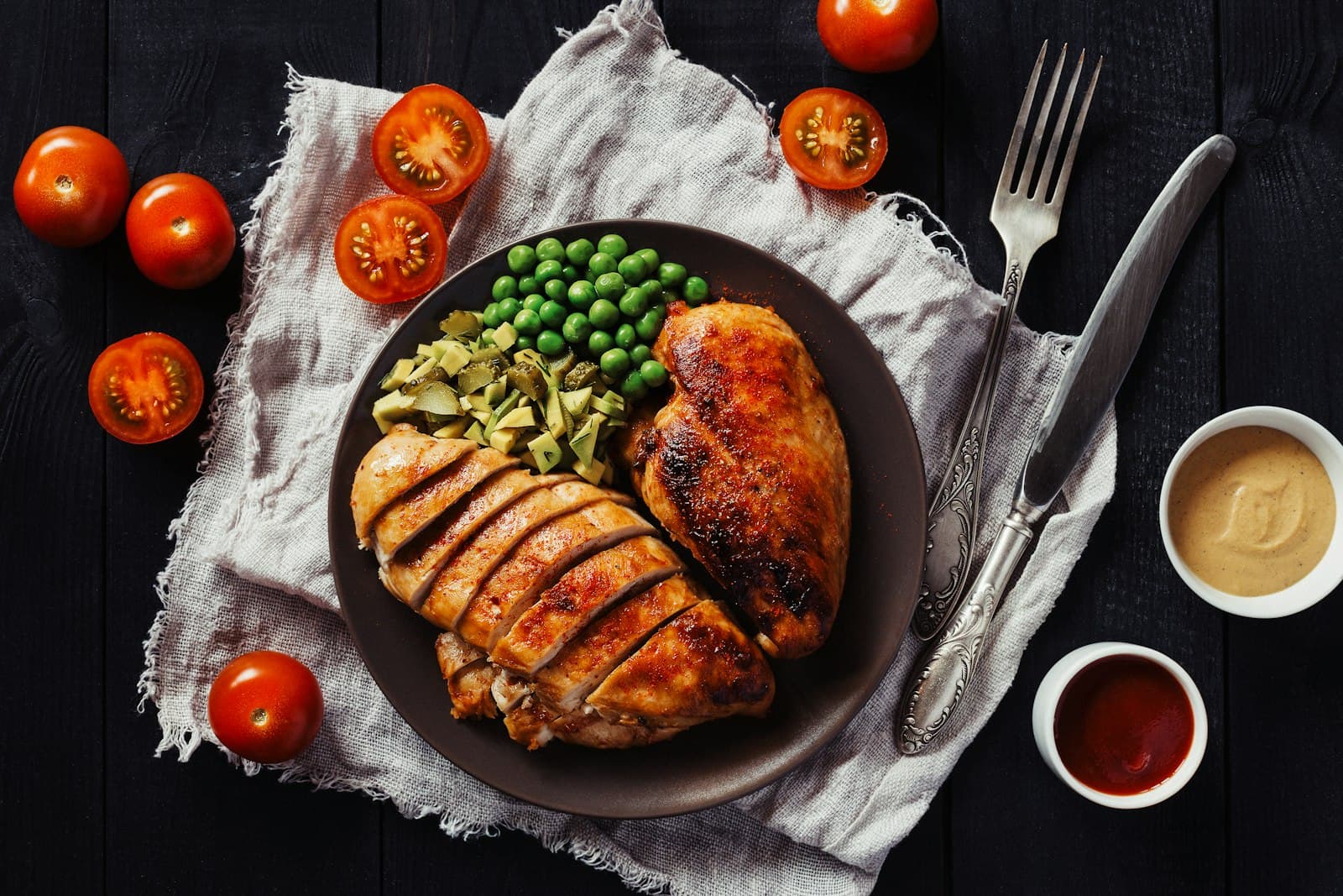 Teller mit Pouletbrust, Erbsen und Gemüse als proteinreiche Mahlzeit